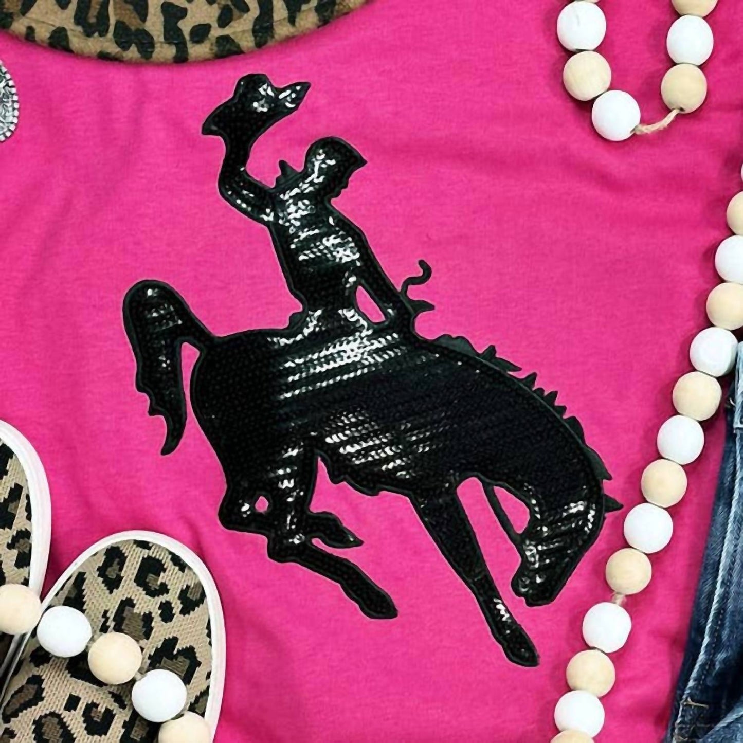 Damen-T-Shirt mit Pailletten-Rodeo-Cowboy-Grafik