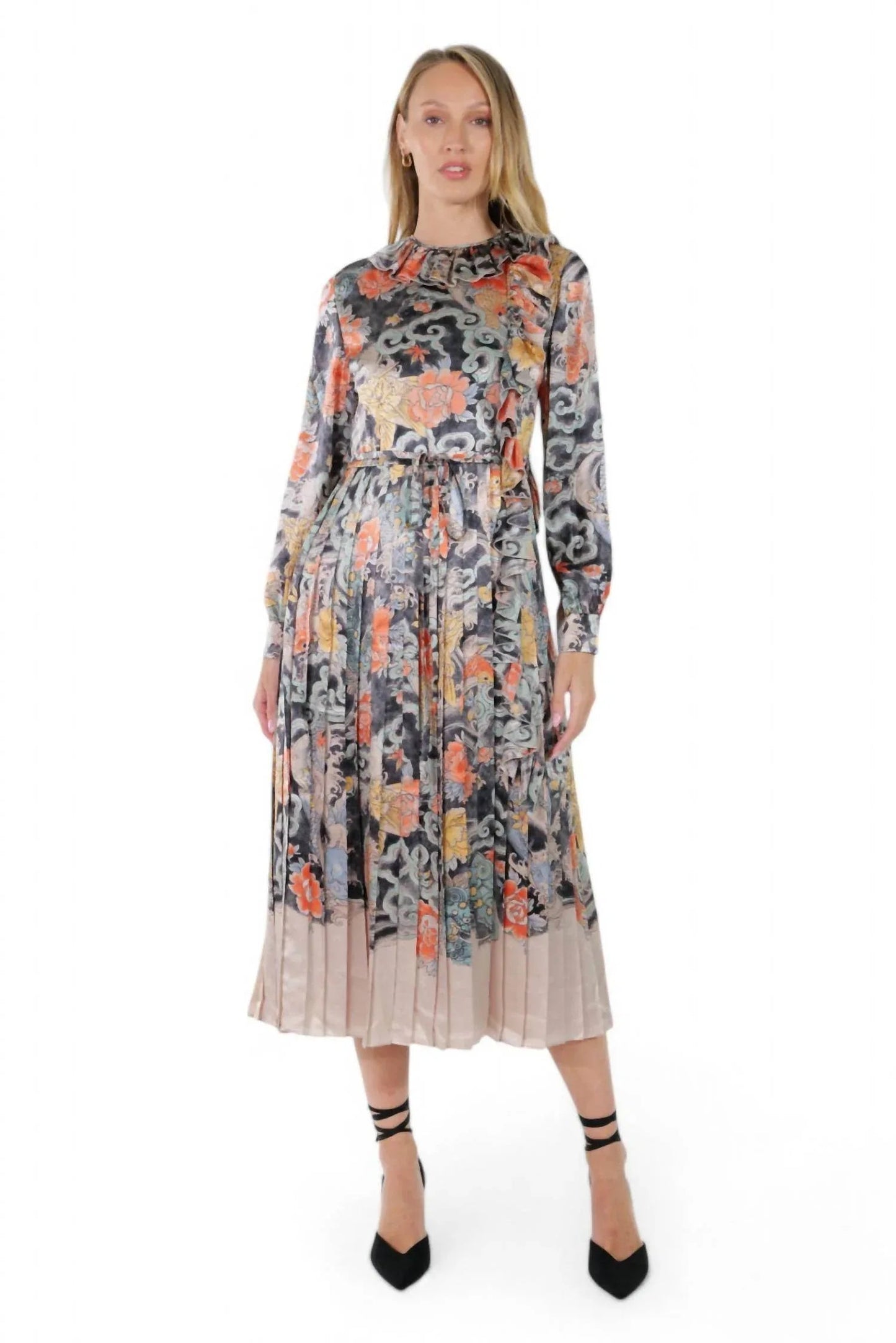 Printed Pleated Midi Dress