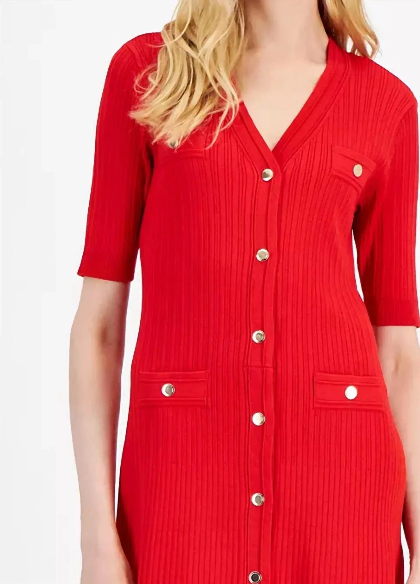 Geripptes A-Linien-Kleid mit Knopfleiste