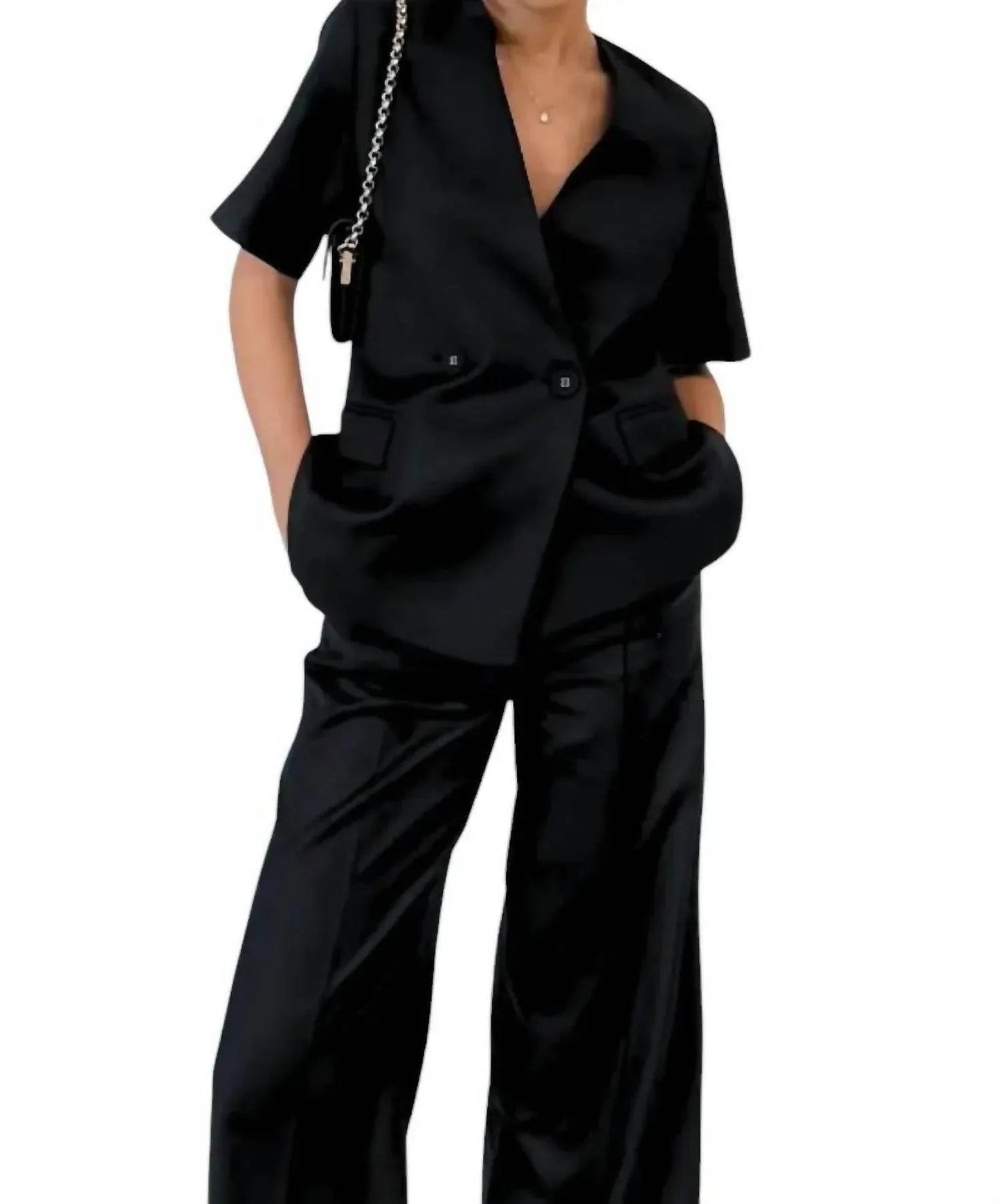 Meredith Double-Breasted Satin Blazer and Pant Set
