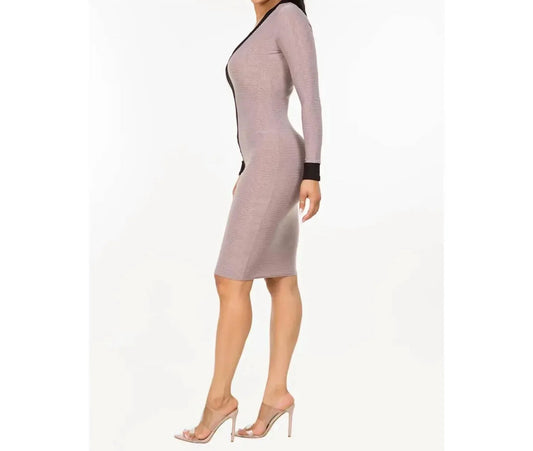 Contrast V Neck Rib Midi Dress