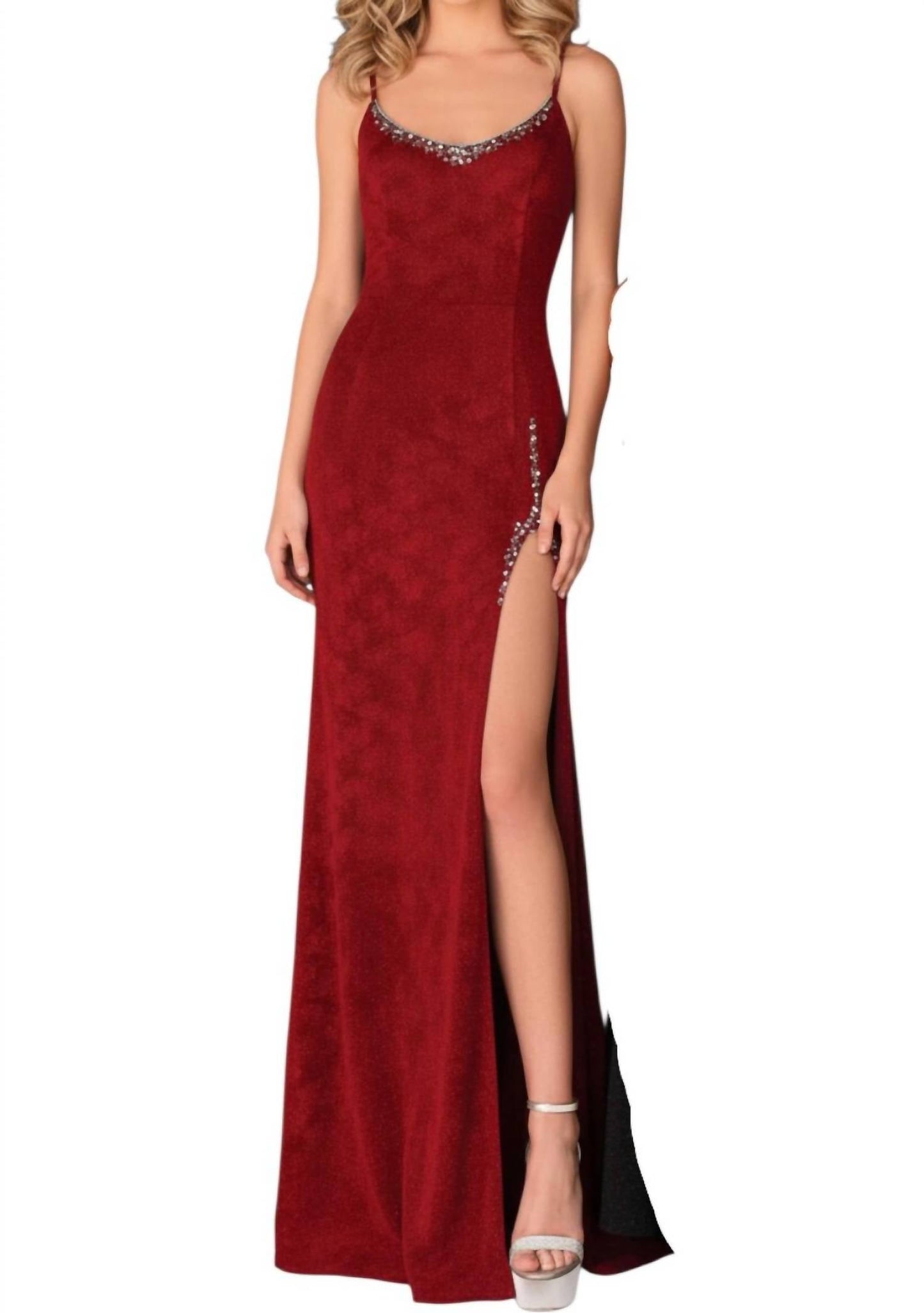 Maxikleid aus Samt mit Schimmer, Perlenstickerei und Rundhalsausschnitt