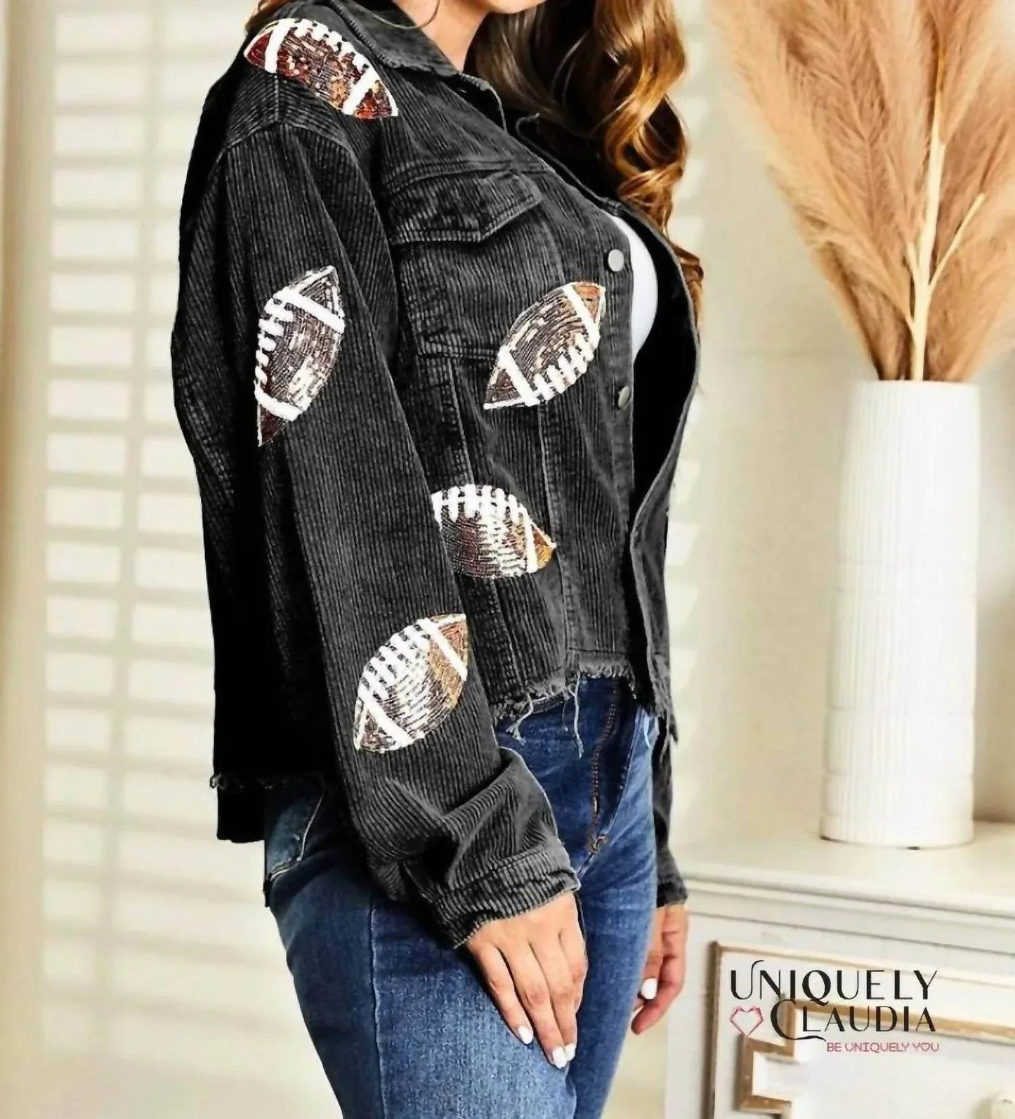 Touch Down Sequined Black Corduroy Jacket