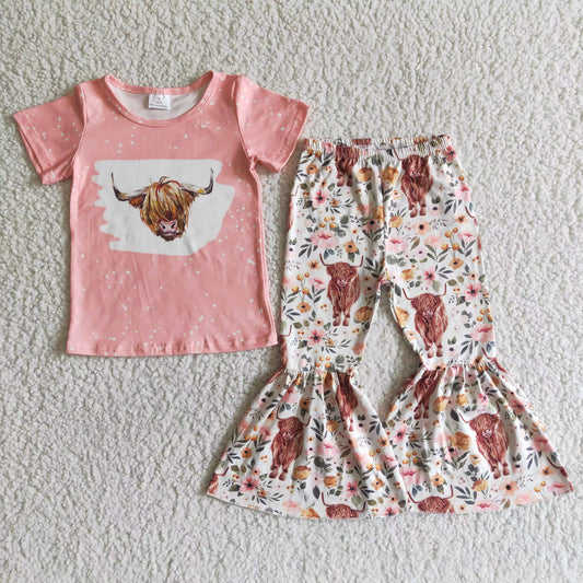 Highland Kuh Print Shirt Schlaghose Mädchen Frühlingskleidung