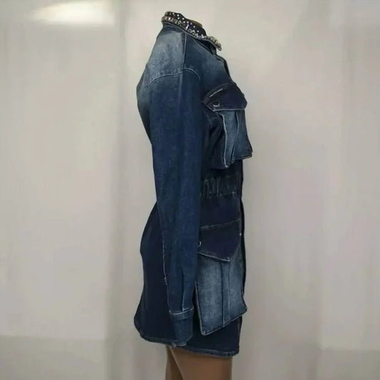 Women's Long Sleeve Strass Denim Cargo Jacket