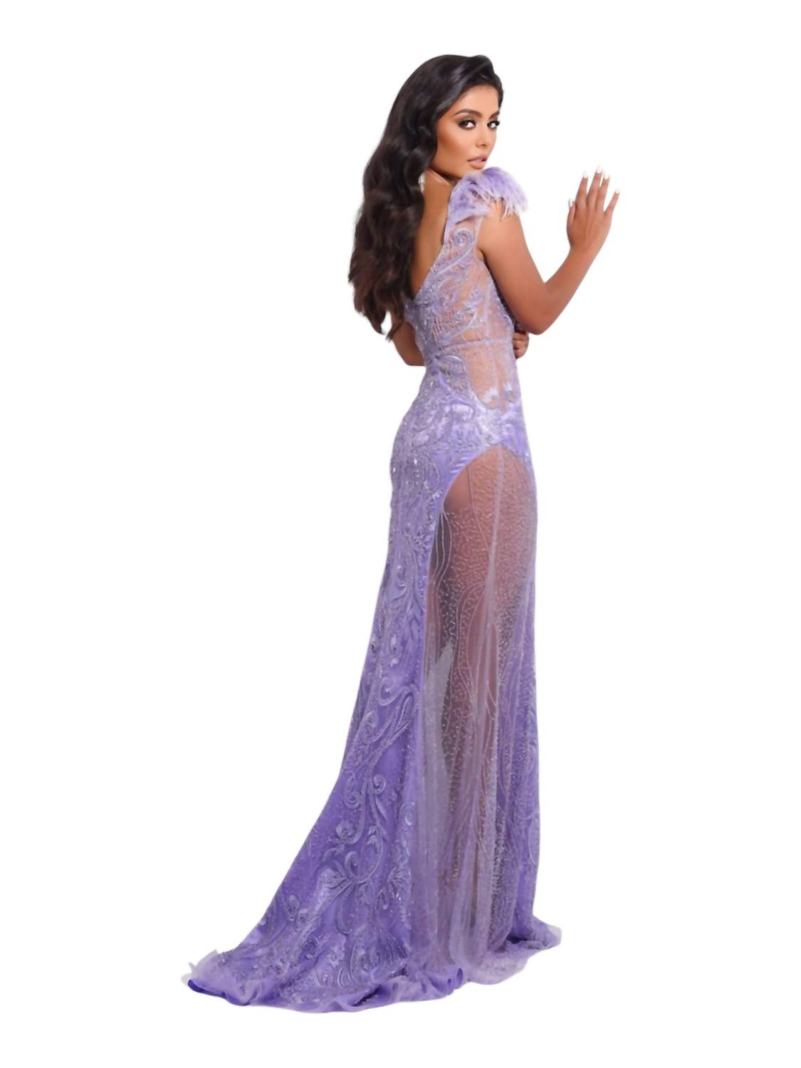 Abendkleid mit Federn an den Schultern, Perlen- und Paillettenapplikationen und Illusion-Ausschnitt