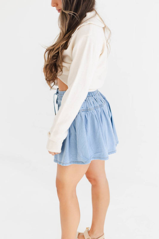 Women's Denim Stretch Soft Denim Pintuck Flare Mini Skirt