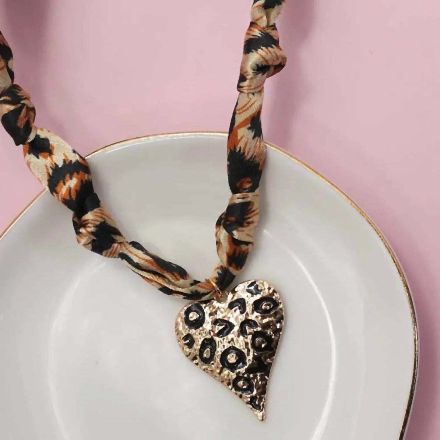 Leopard Knotted Scarf Layering Necklace with Leopard Heart Charm
