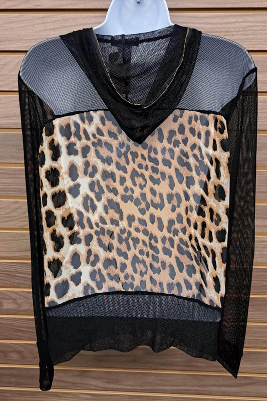 Women's Leopard Chiffon Black Mesh Zip Up Jacket
