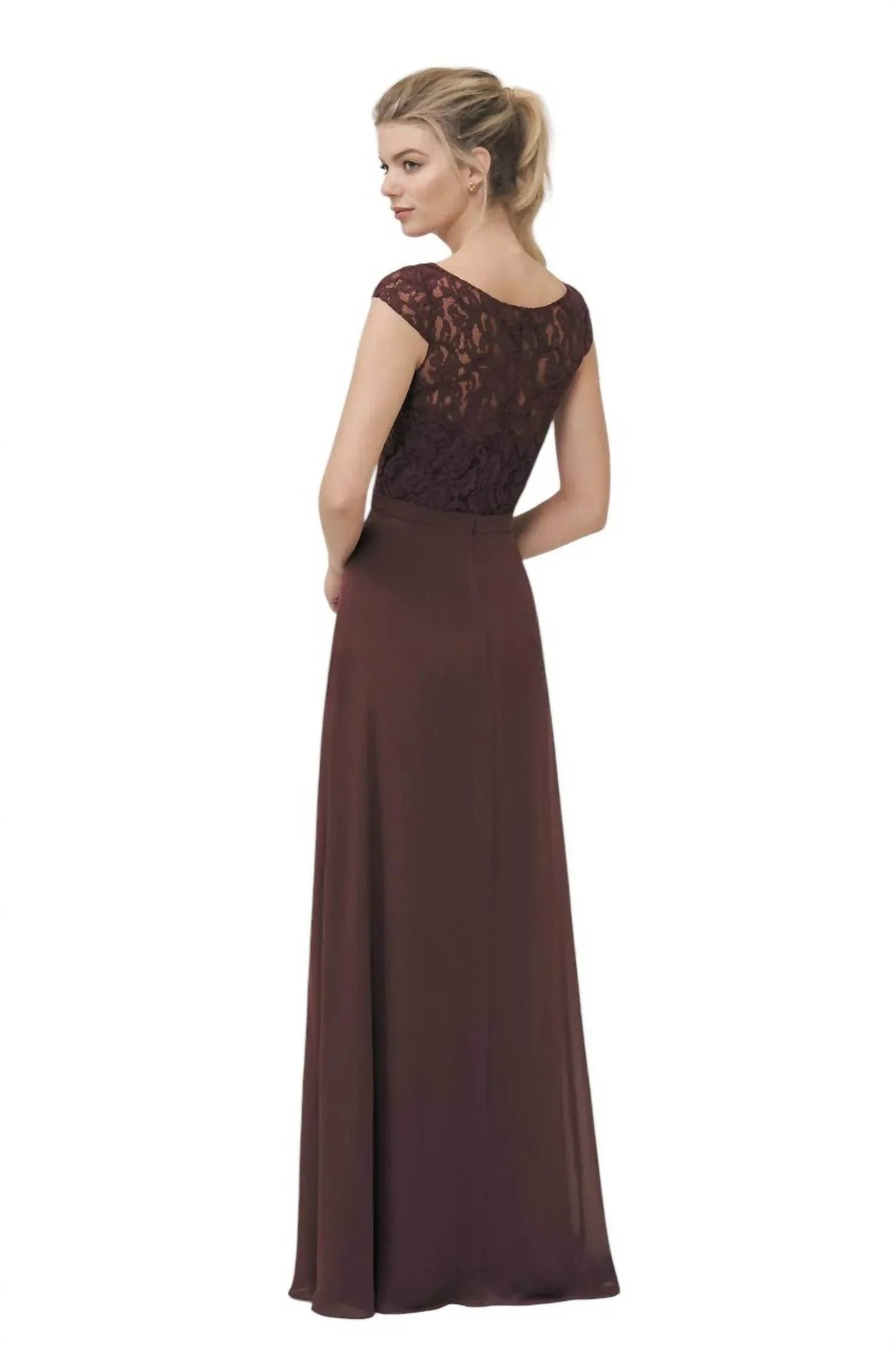Long Boat Neckline Lace & Georgette Bridesmaid Dress