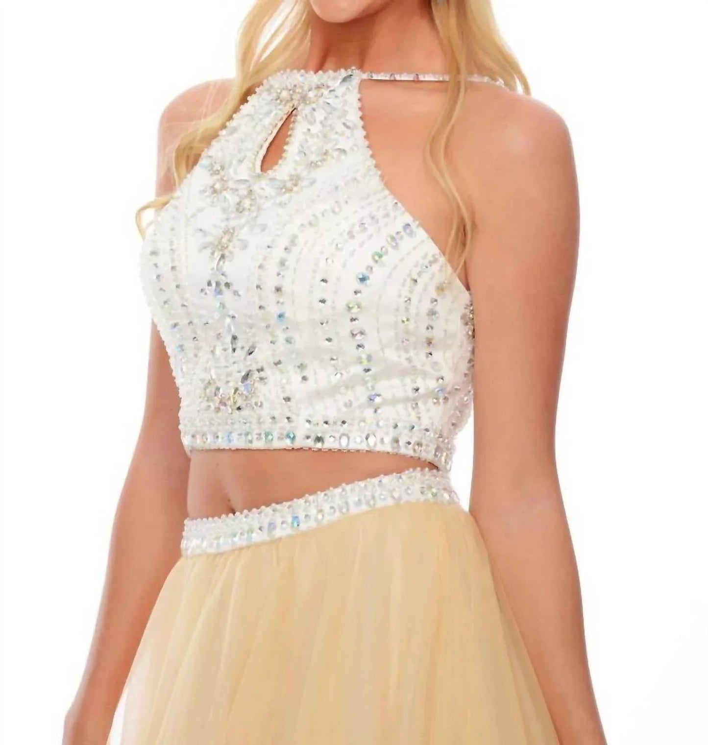 Two Piece Beaded Halter Evening Gown