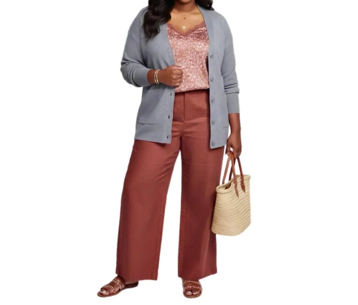 Button-Front-Strickjacke mit Taschen im Preppy-Stil – Plus