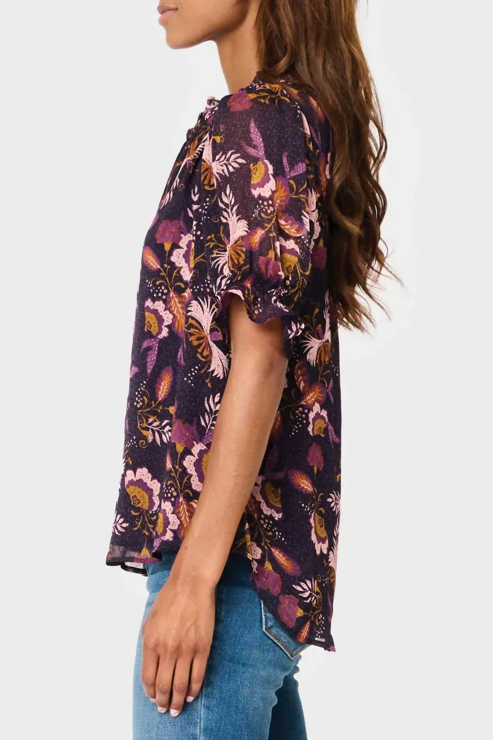 Dianthus Henley Puff Sleeve Chiffon Blouse