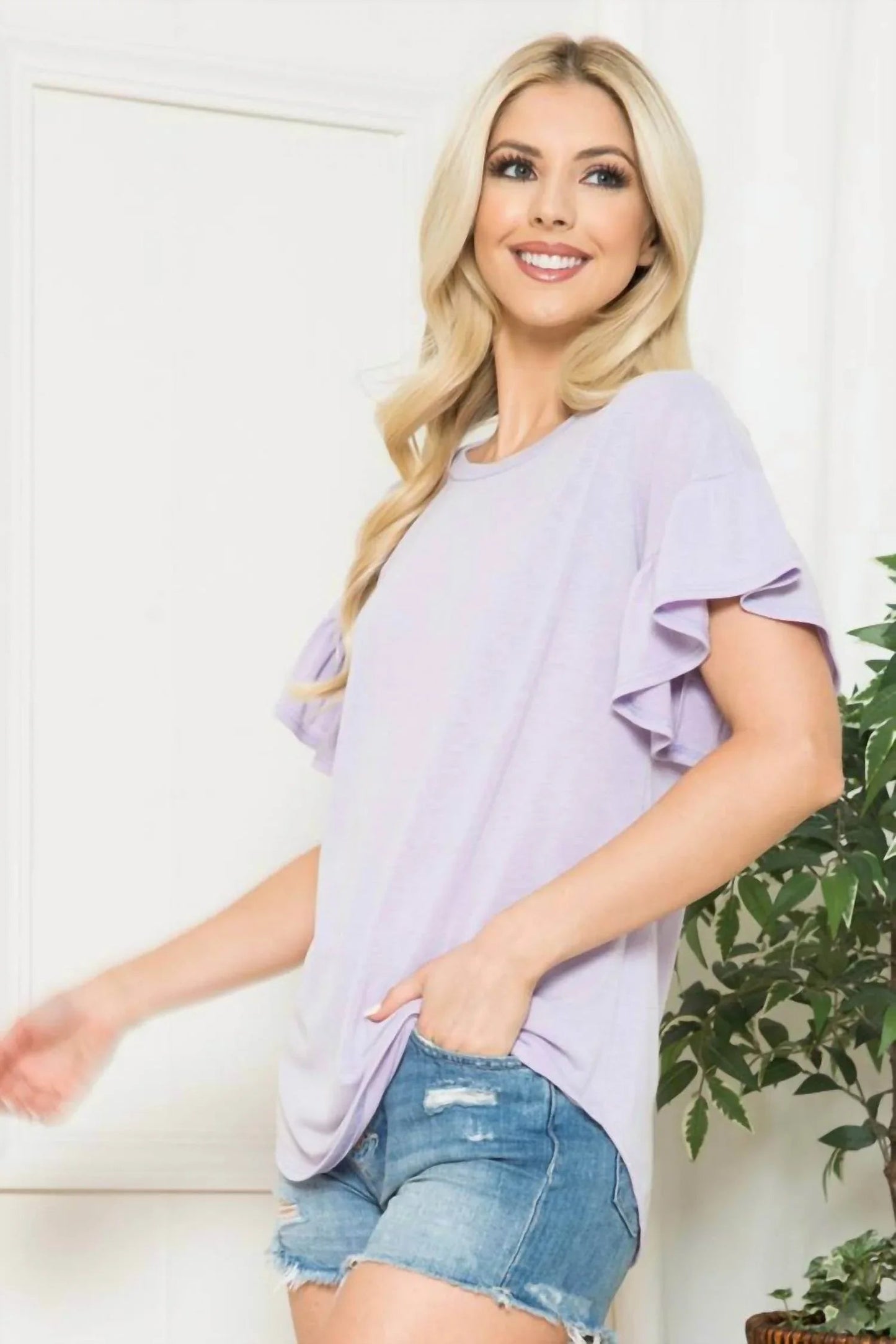 Solid Ruffle Sleeve Top