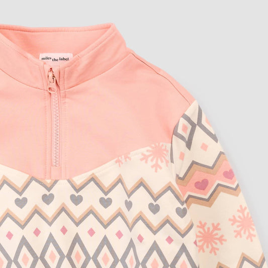 Mädchen-Fleece-Pullover mit halbem Reißverschluss und Fair-Isle-Muster