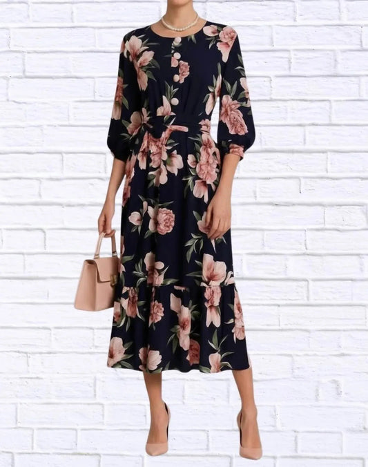Floral Midi Dress With Belt And Side Pockets
