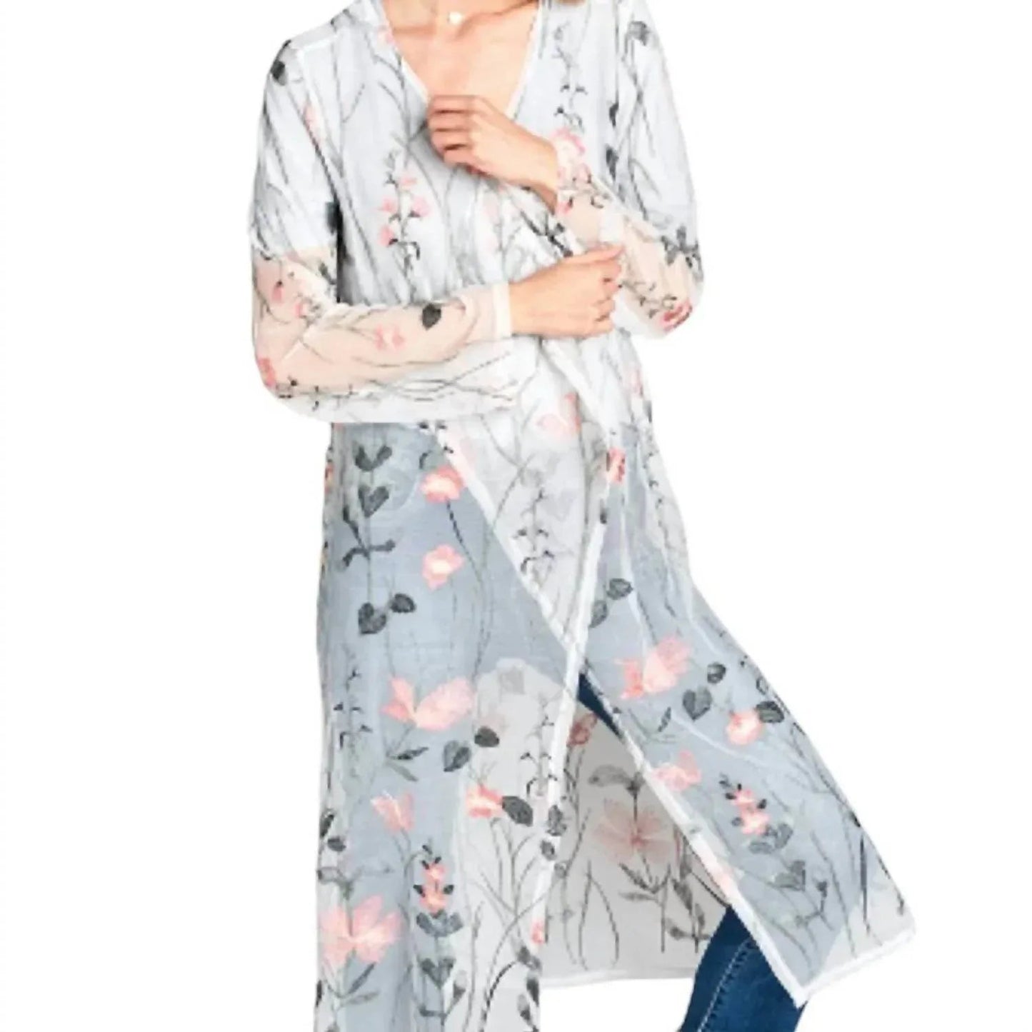 Transparente Mesh-Cardigan mit Blumen- und Rankenstickerei