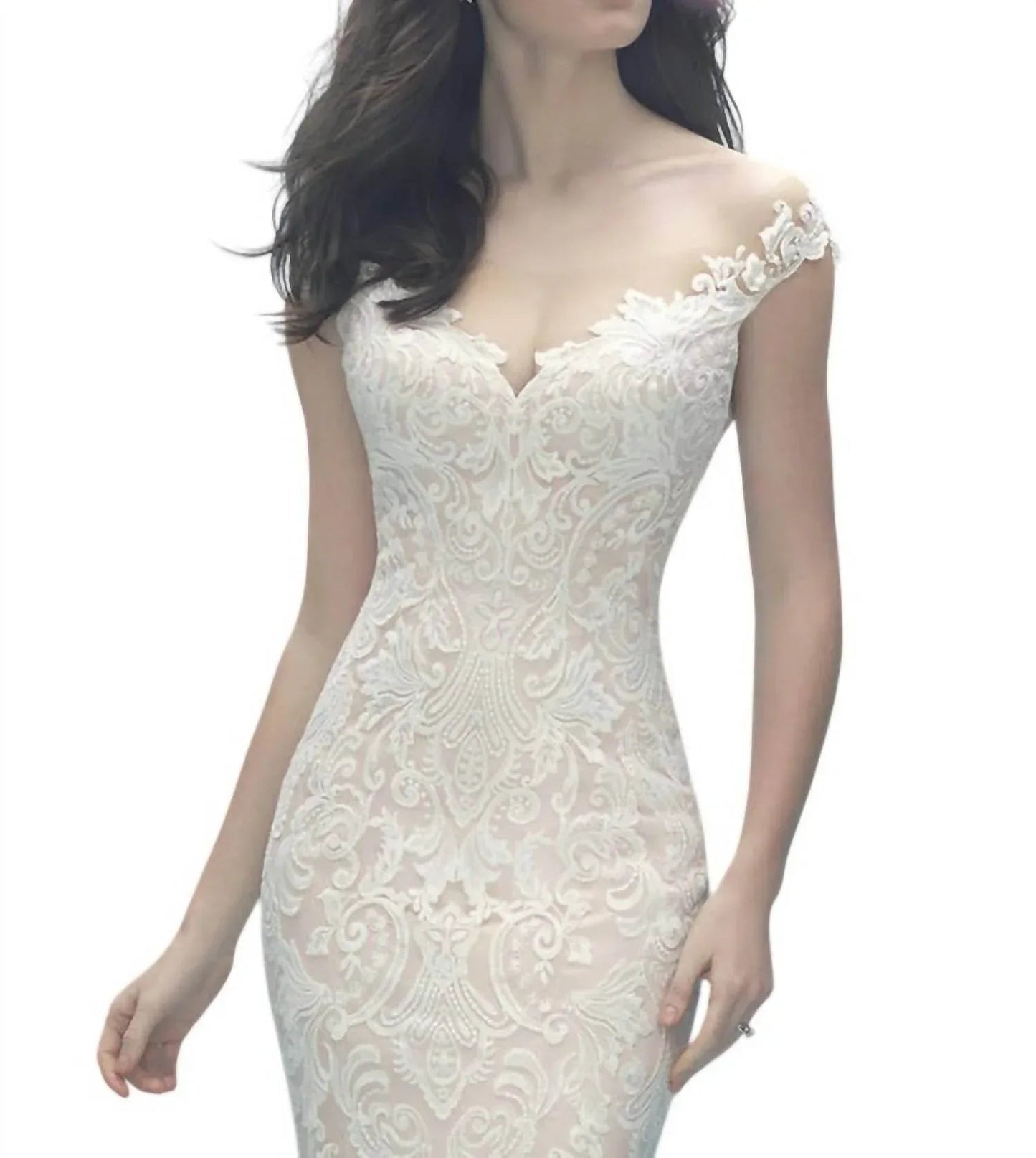 Off-Shoulder Lace Gown with Detachable Tulle Train