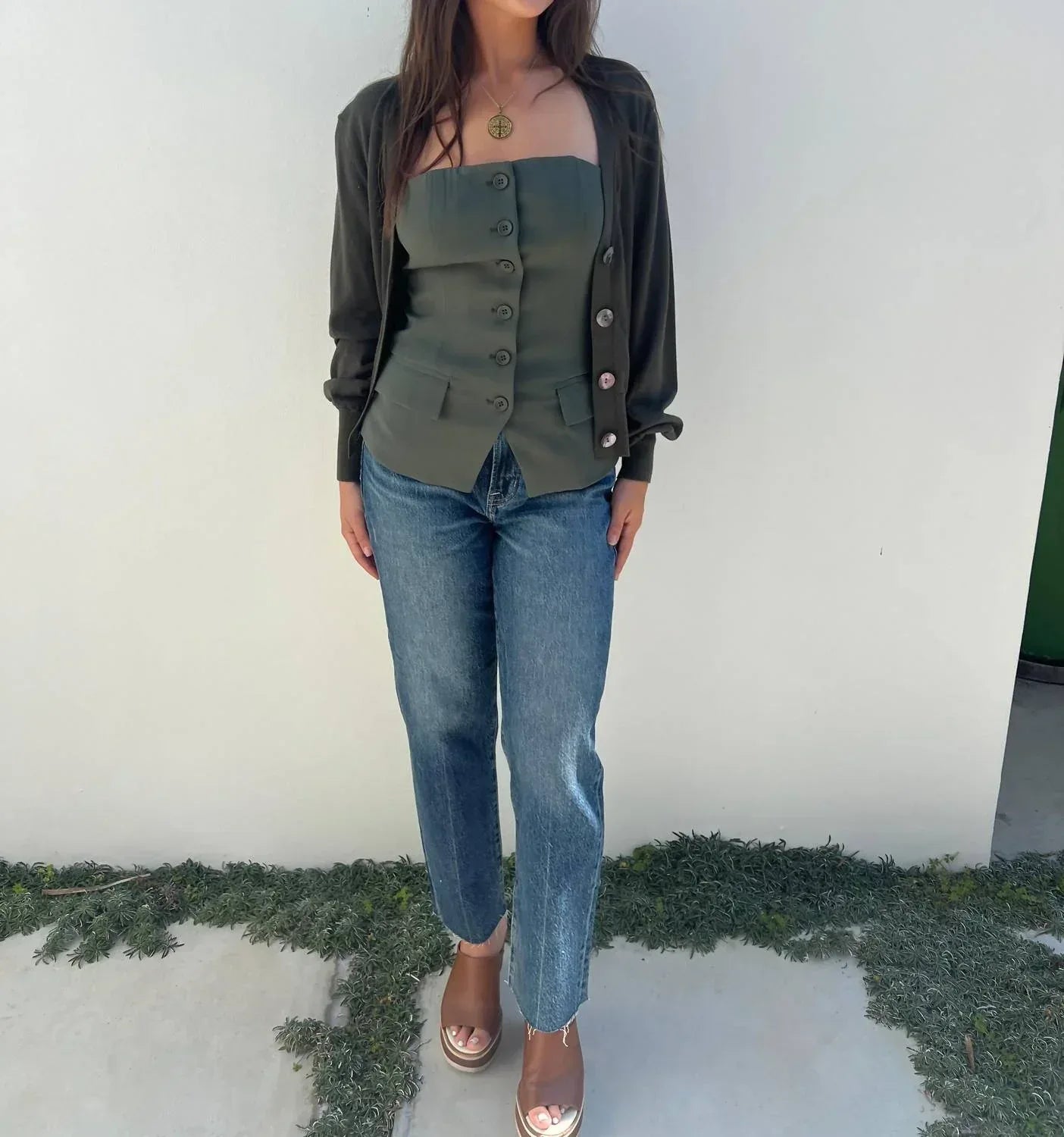 Button Down Olive Bustier Top