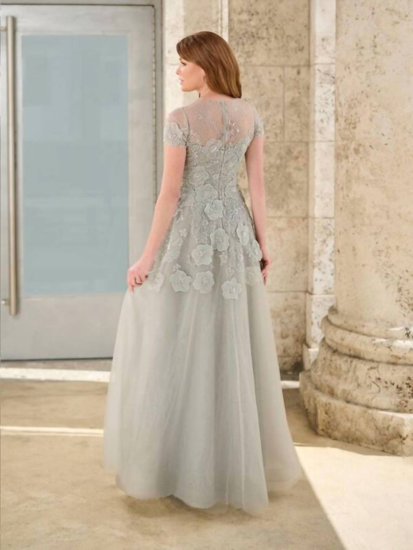 Short Sleeve Jewel Neck Evening Gown