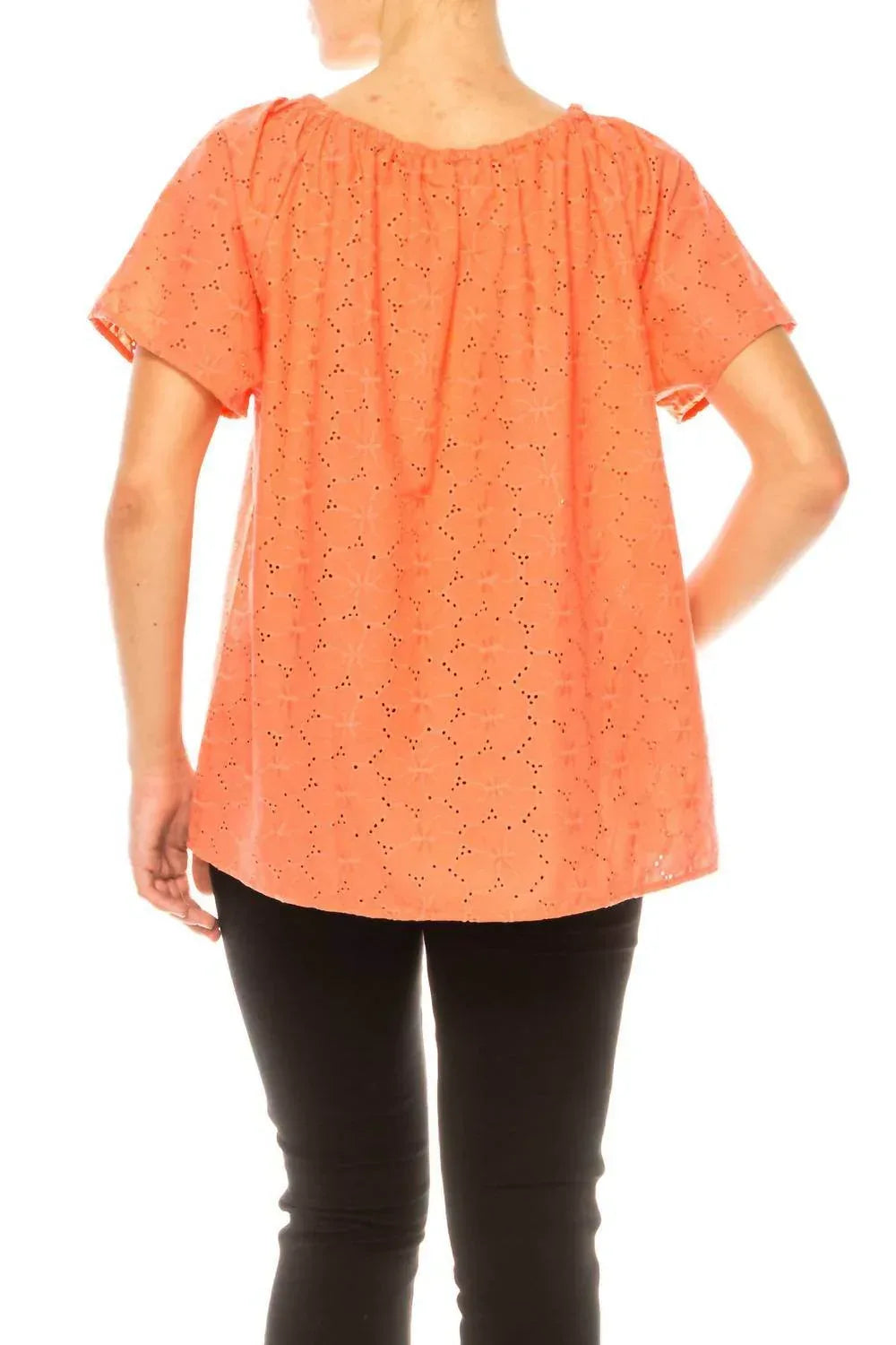 Floral Eyelet Elastic Neckline Top