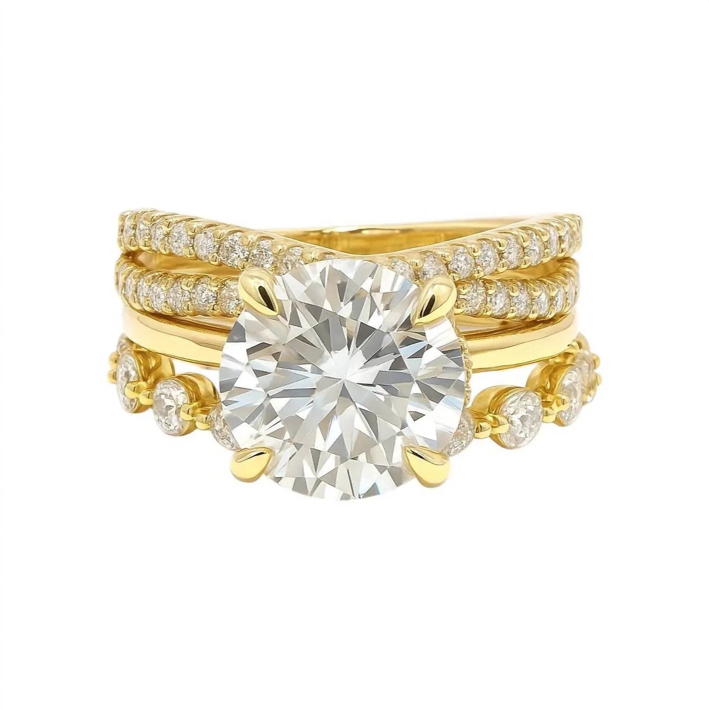 Damen-Ring-Set mit rund geschliffenem Moissanit im Brillantschliff – 3-teiliges Set