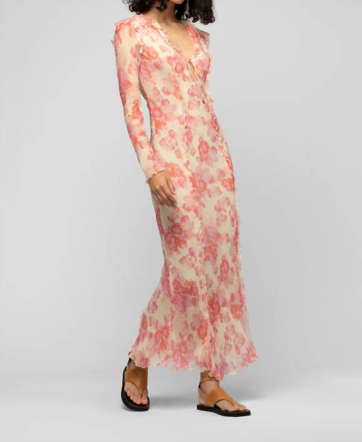 Razia Long Flower Print Maxi Dress With Ruffles