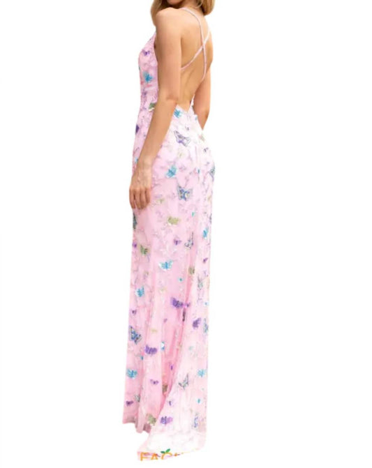 Abendkleid mit V-Ausschnitt und Perlenstickerei Schmetterling