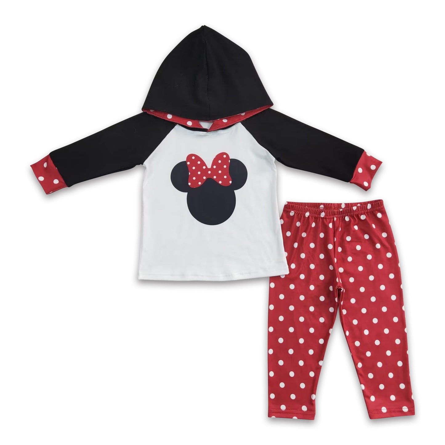 Gepunktetes süßes Maus-Print-Kapuzenpullover-Set in Schwarz