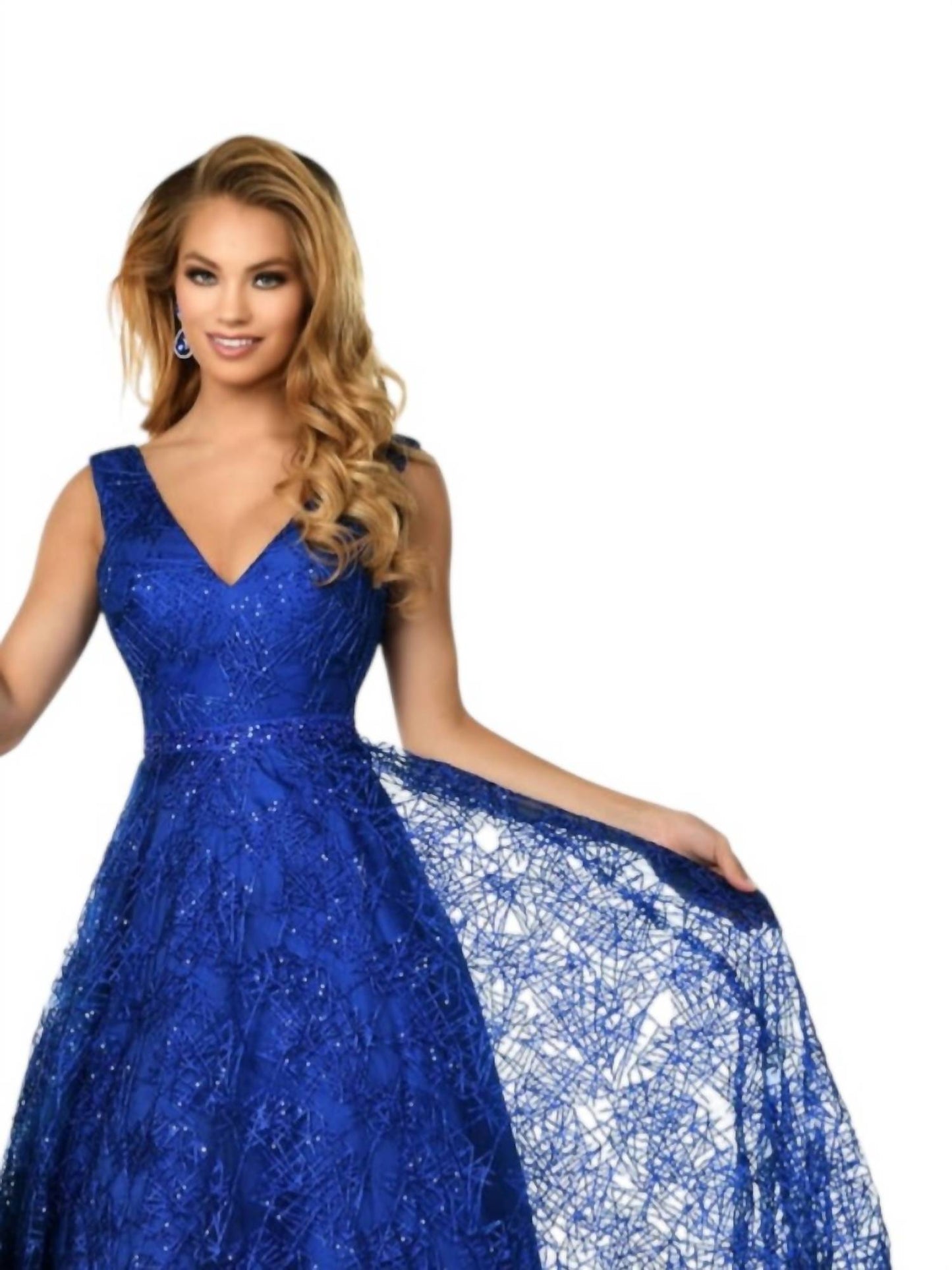 Ärmelloses Ballkleid aus besticktem Tüll mit V-Ausschnitt