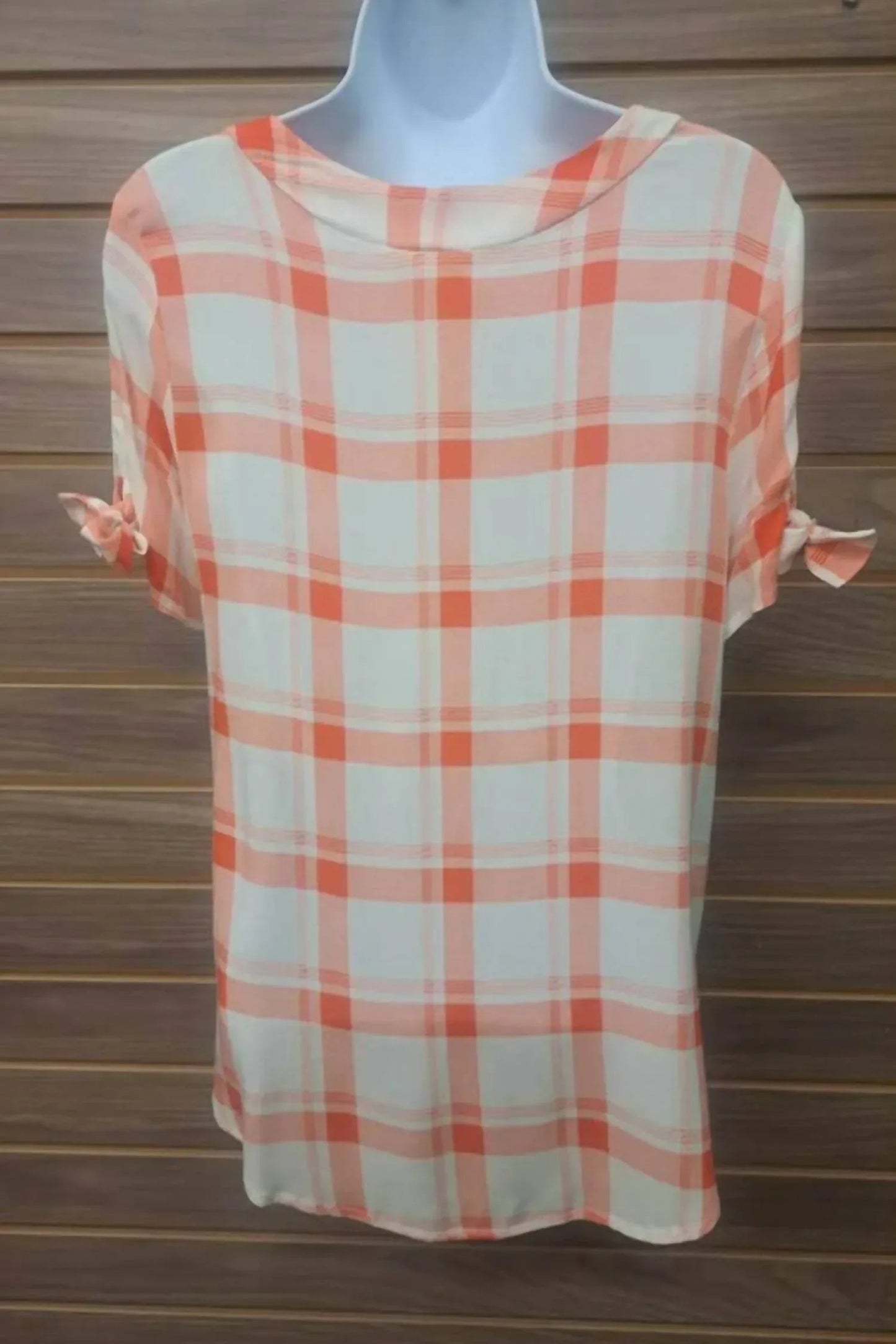 Damen Leinenbluse mit kurzen Ärmeln, Karomuster und Bindedetail
