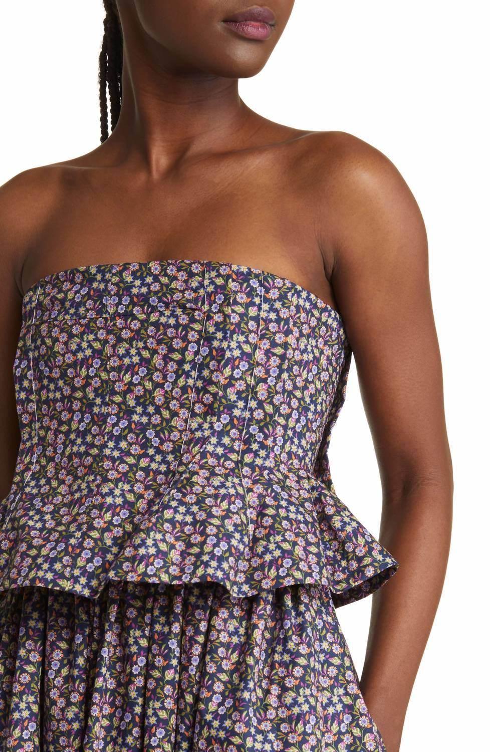 Women's Floral Ditsy Pintuck Peplum Strapless Midi Dress