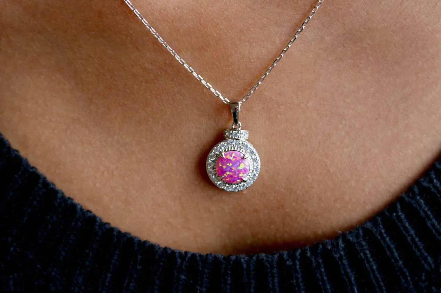 Women's Sterling Silver Circle Opal Necklace