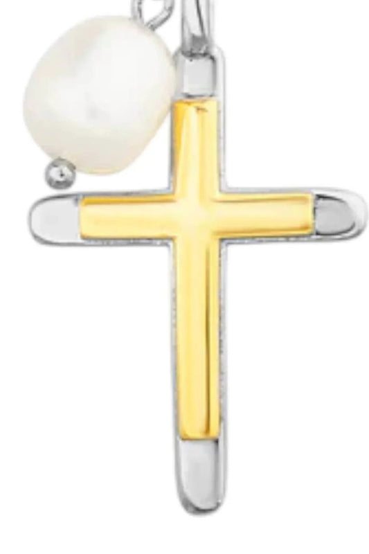 Women's Two Tone Cross With Pearl Necklace