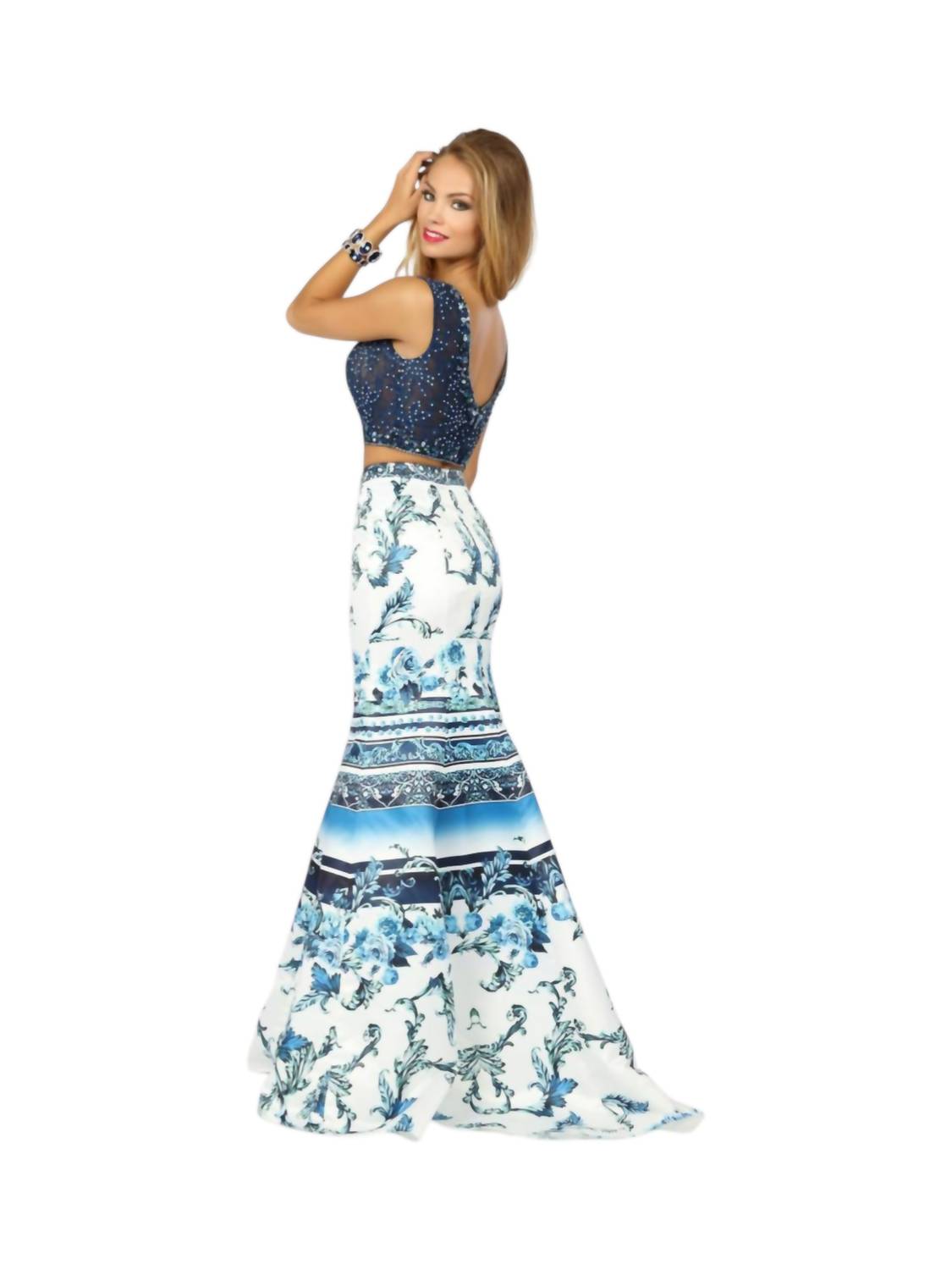 Zweiteiliges Kleid aus Perlen-Tüll und bedrucktem mattem Satin