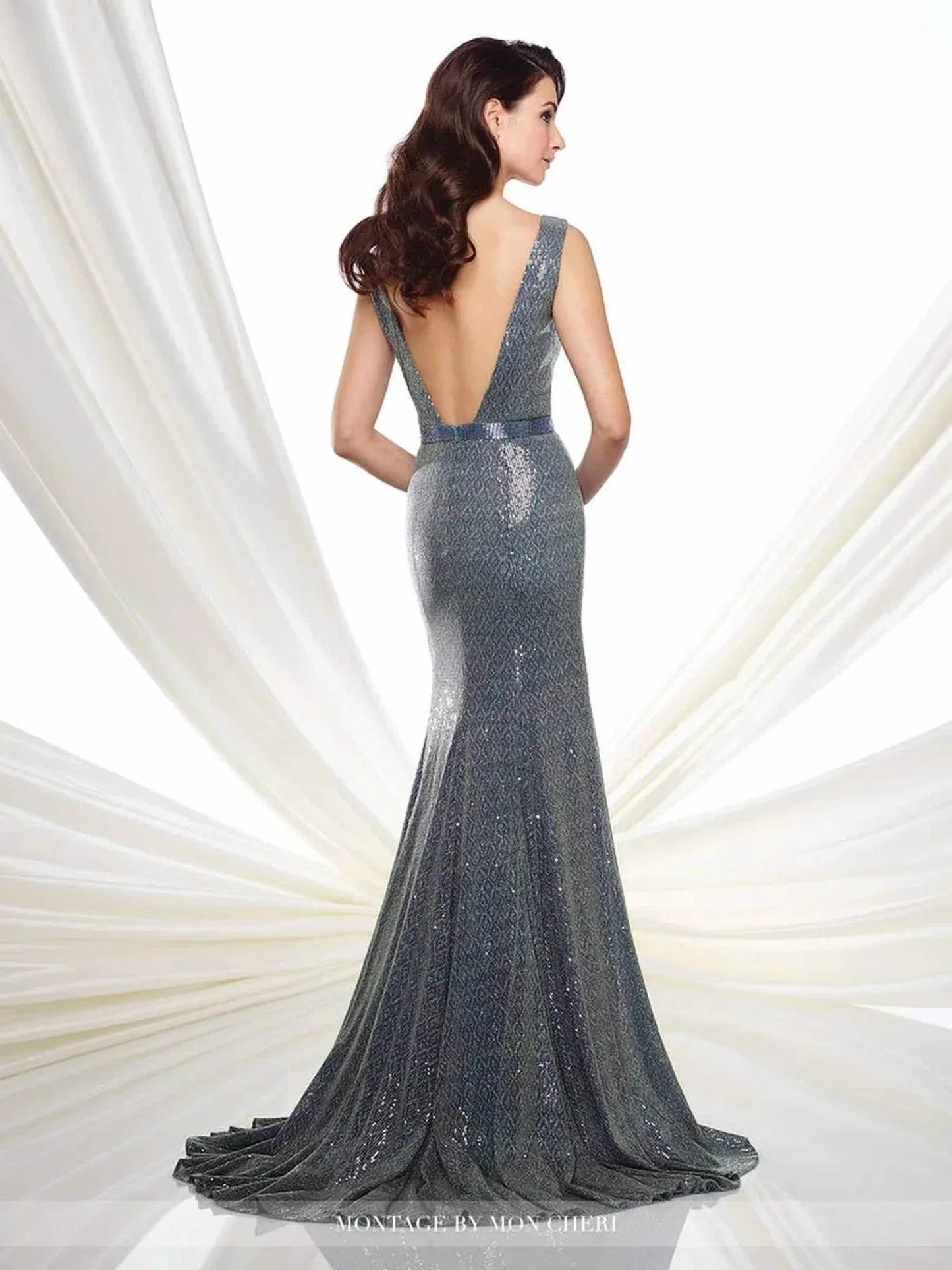 Illusion Deep V-Neck Slate Sequin Floor Length Gown