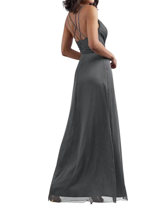 Langes Brautjungfernkleid aus Tiffany-Chiffon mit V-Ausschnitt