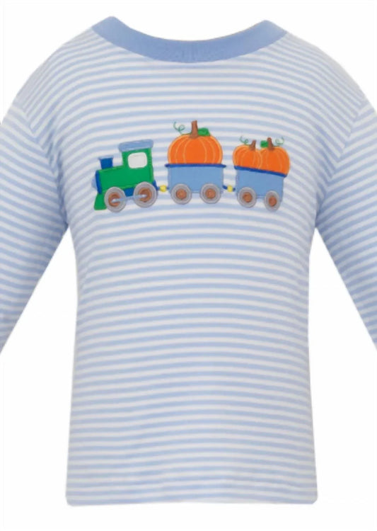 Boy's Pumpkin Train Applique Stripe Long Sleeve Knit Shirt
