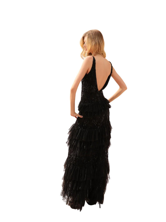 Beaded Long Ruffled Prom Dress