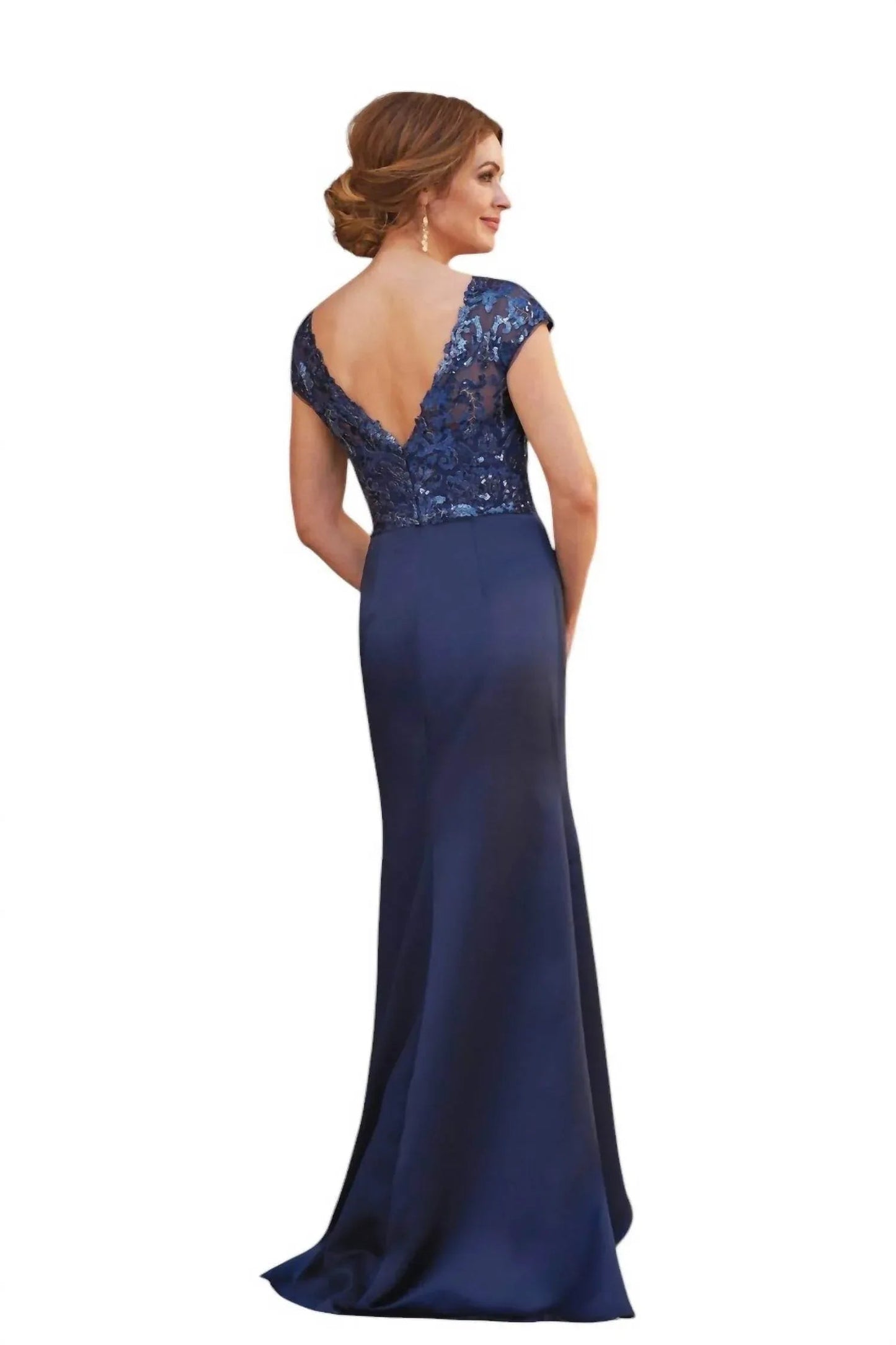 V-neck Paillette Metallic Embroidery Lace & Marquis Satin MOB Dress