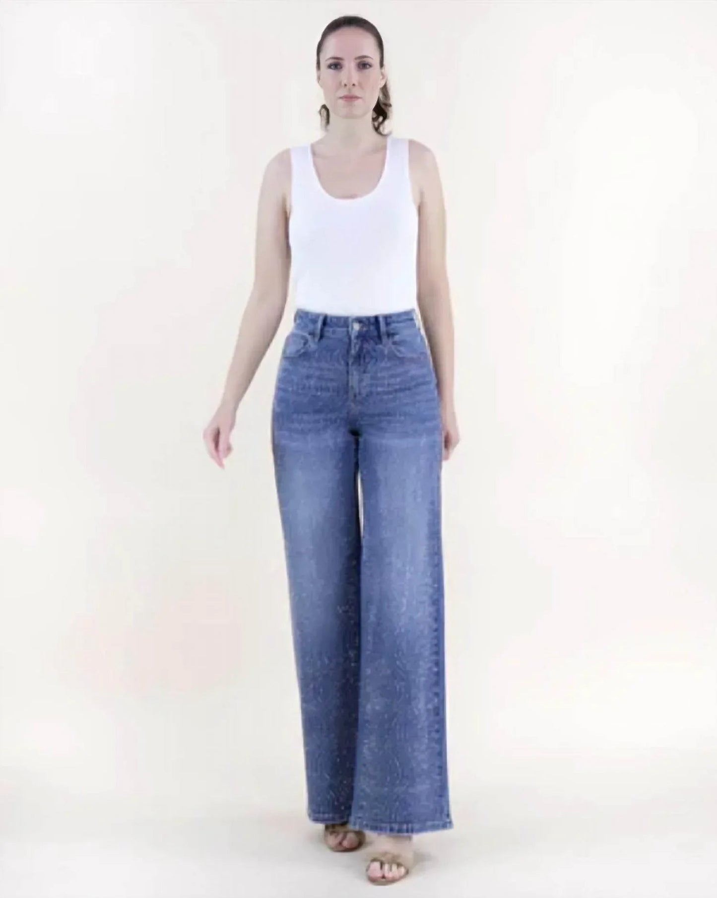 Swirl Embellished Rhinestone High Rise Wide Leg Jeans
