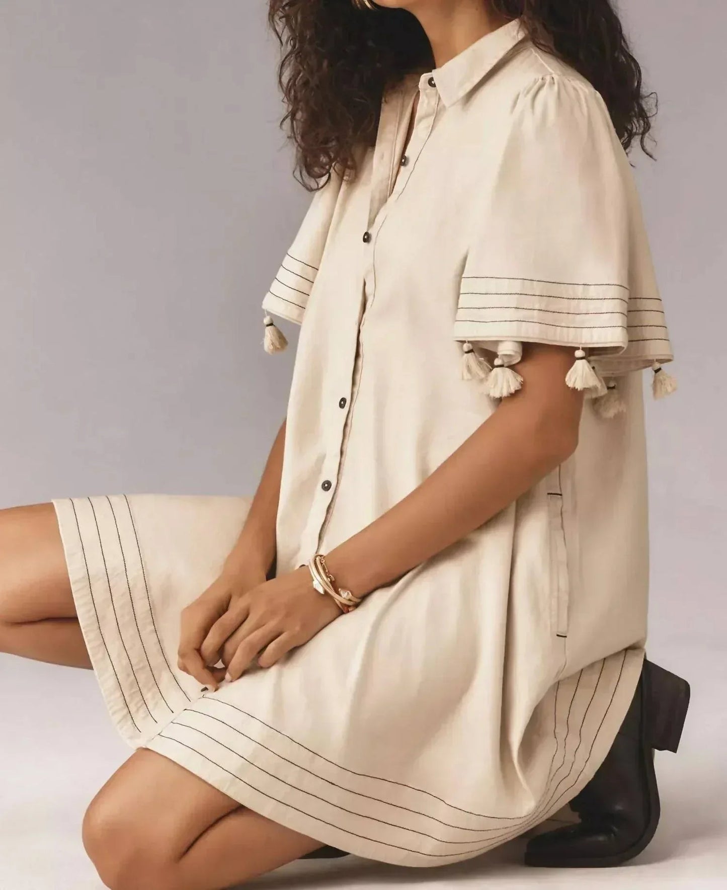 Collared Linen Blend Button-front Tassel Mini Dress