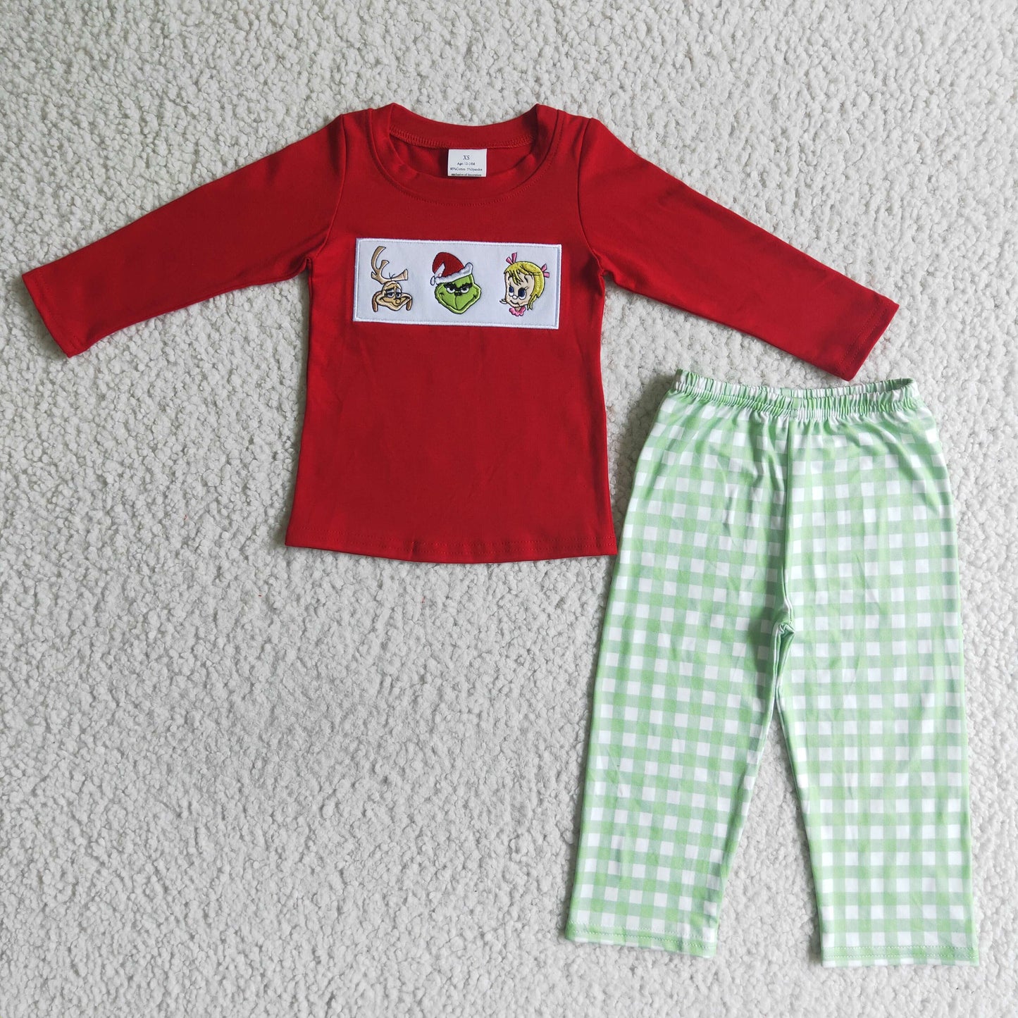 Grünes Oberteil mit Gesichtsstickerei, passende Hose, Jungen-Weihnachtskleidung