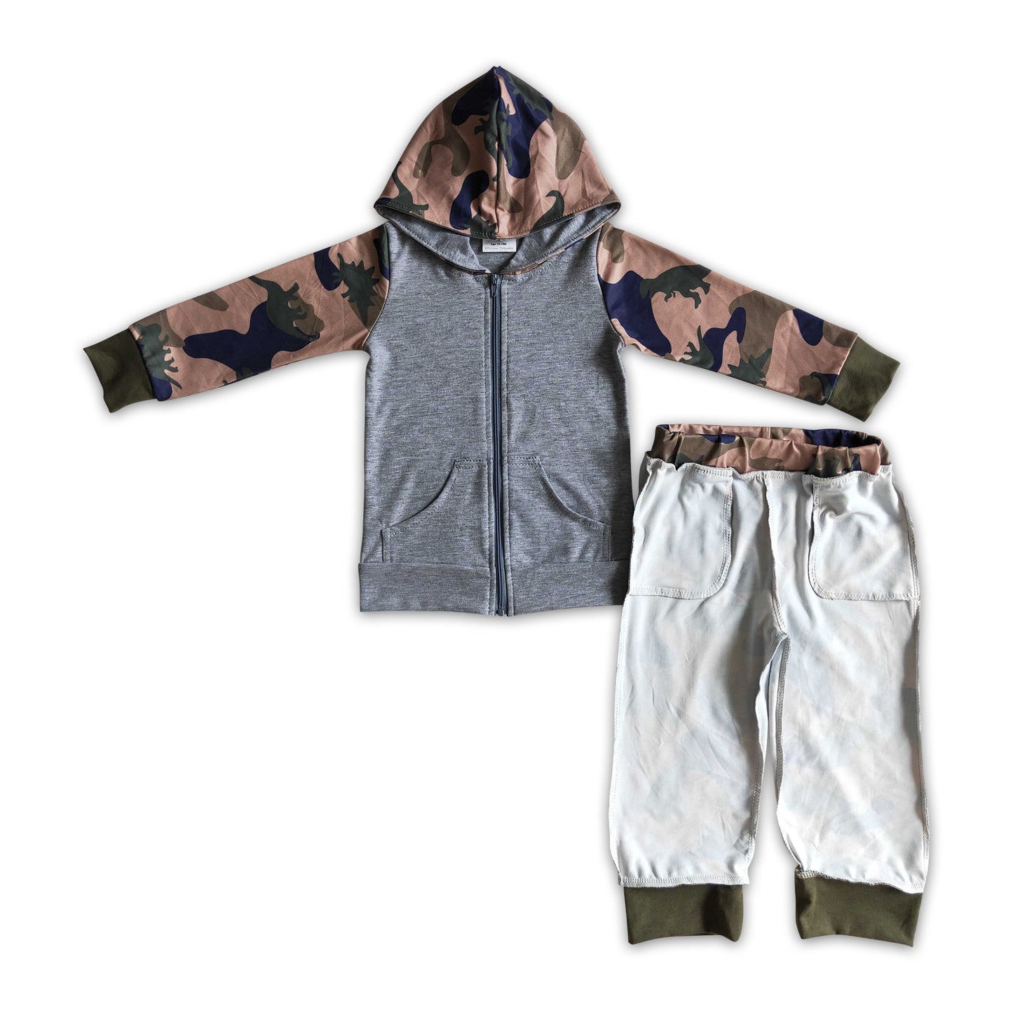 Grauer Kapuzenpullover mit Reißverschluss, Camouflage-Hose mit Dinosauriern, Jungen-Herbstoutfits