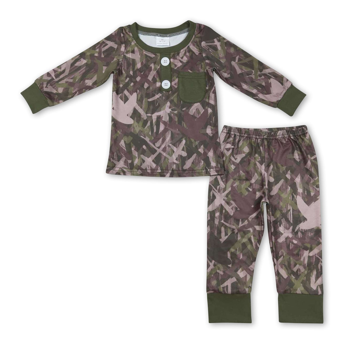 Olivbrauner Enten-Pyjama für Jungen mit langen Ärmeln und Tasche