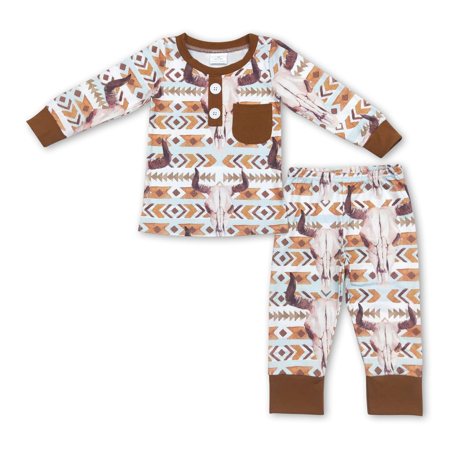 Brauner Taschen-Stierkopf Langarm-Kinder-Pyjama für Jungen im Westernstil