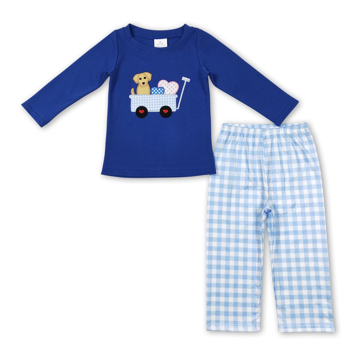Blaues Hundeherz-Oberteil, karierte Hose, Jungen-Valentinstags-Outfits