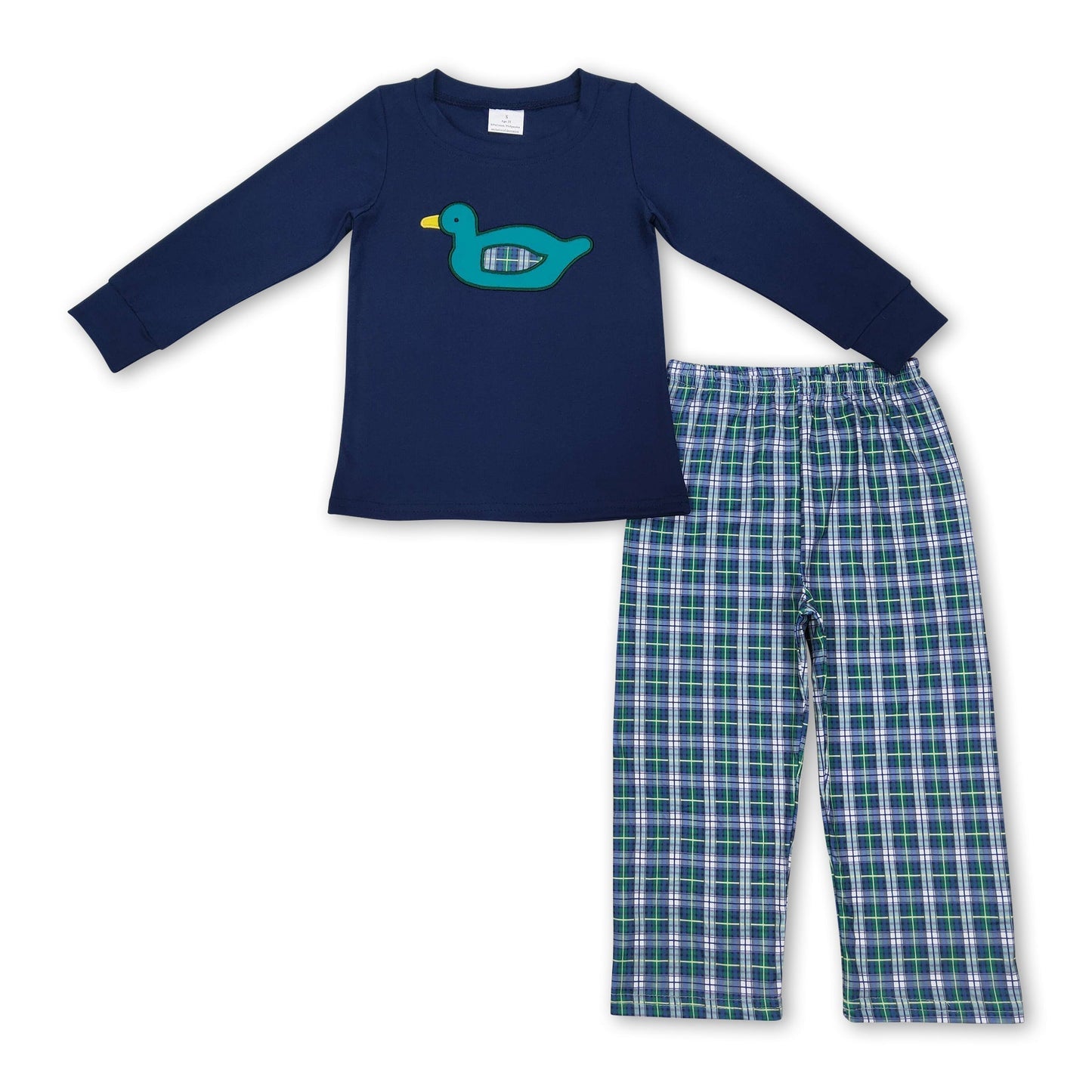 Marineblaues Enten-Oberteil, karierte Hose, Kinder-Jungen-Outfits