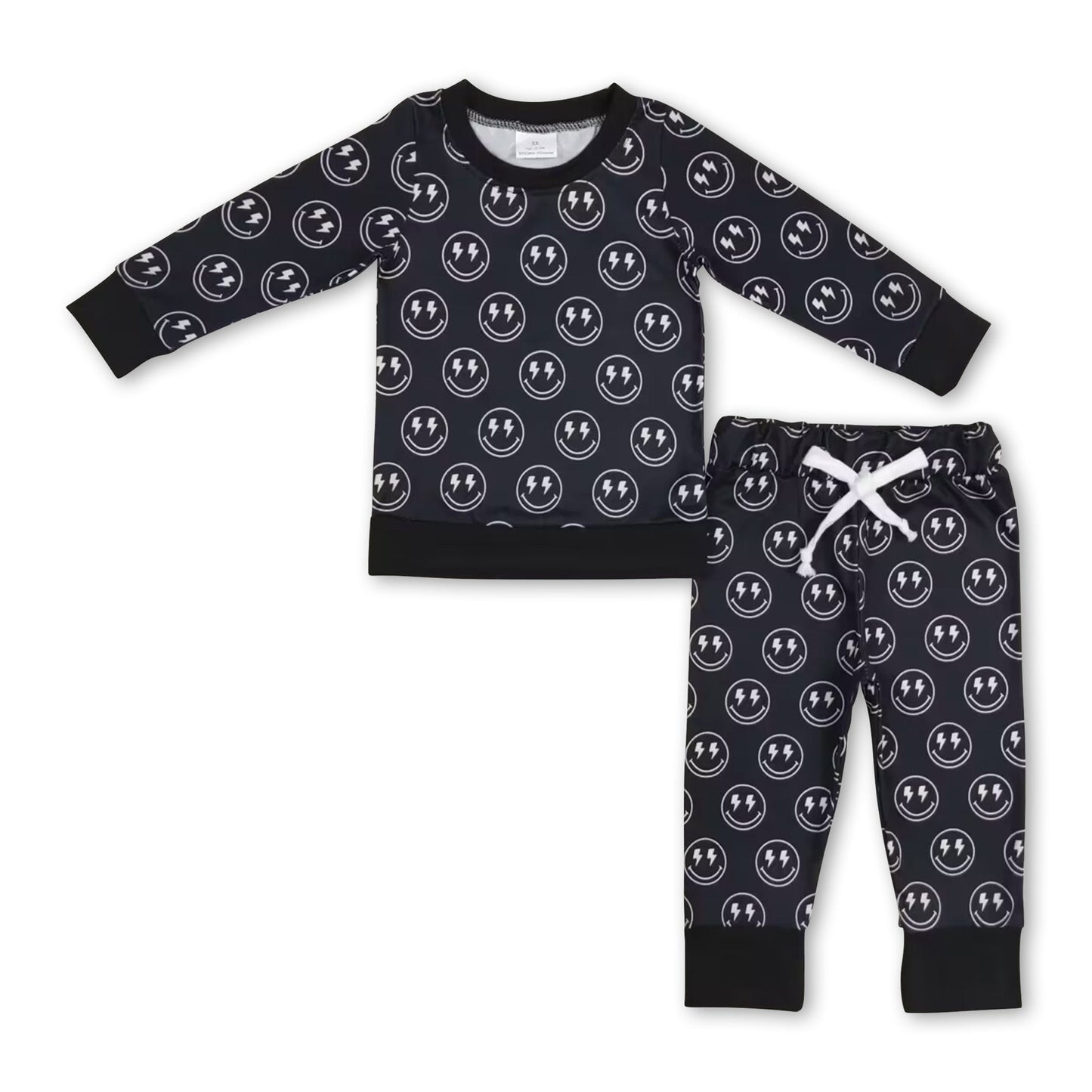 Schwarzes, langärmeliges Baby- und Kinderkleidungsset mit Lächeln