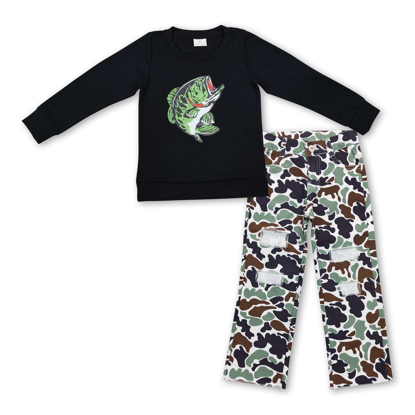 Fisch-Vinyl, schwarzes Baumwolltop, Camo-Jeans, Jungen-Outfits